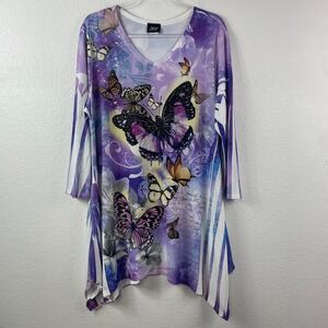 Jostar Womens Butterfly Graphic Rhinestone Sharkbite Tunic Top Purple Large
